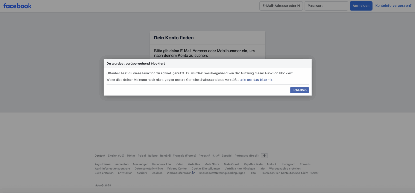 Beispiel einer Facebook Diskriminierung in Deutschland: Nur bei einem Account passiert das immer wieder.
